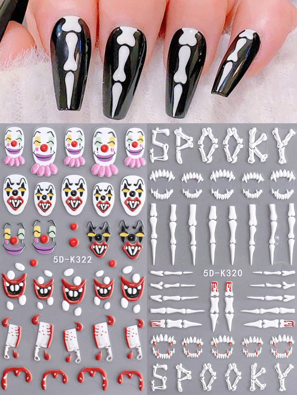 Halloween Clown Skeleton 5D Embossed Nail Stickers 2-Piece