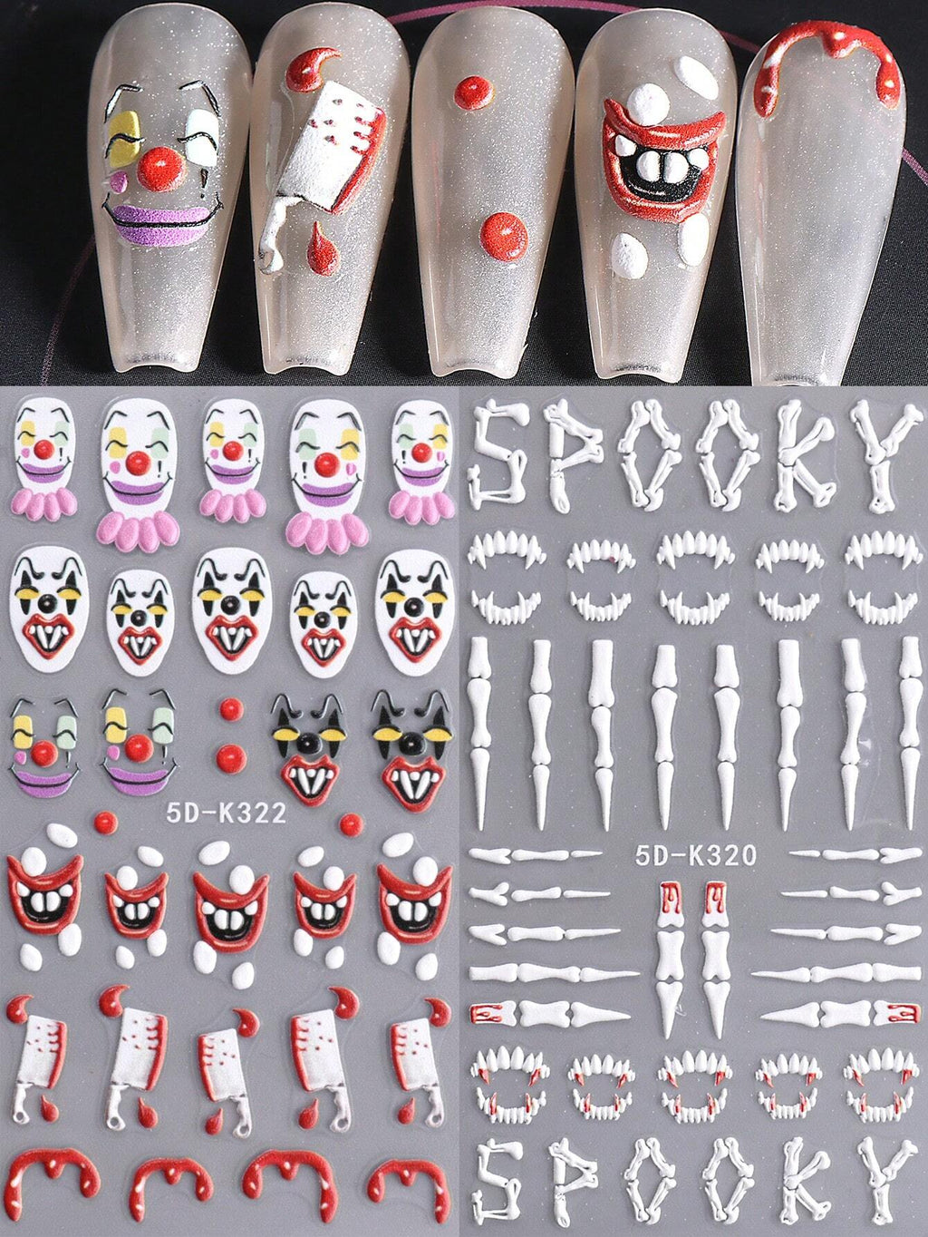 Halloween Clown Skeleton 5D Embossed Nail Stickers 2-Piece