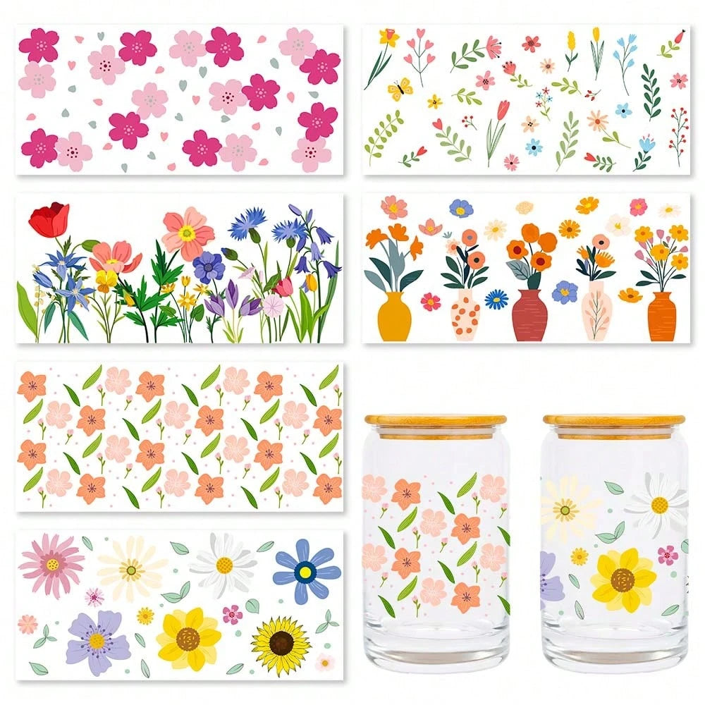 Spring Flower Pattern PVC Bottle Stickers Set