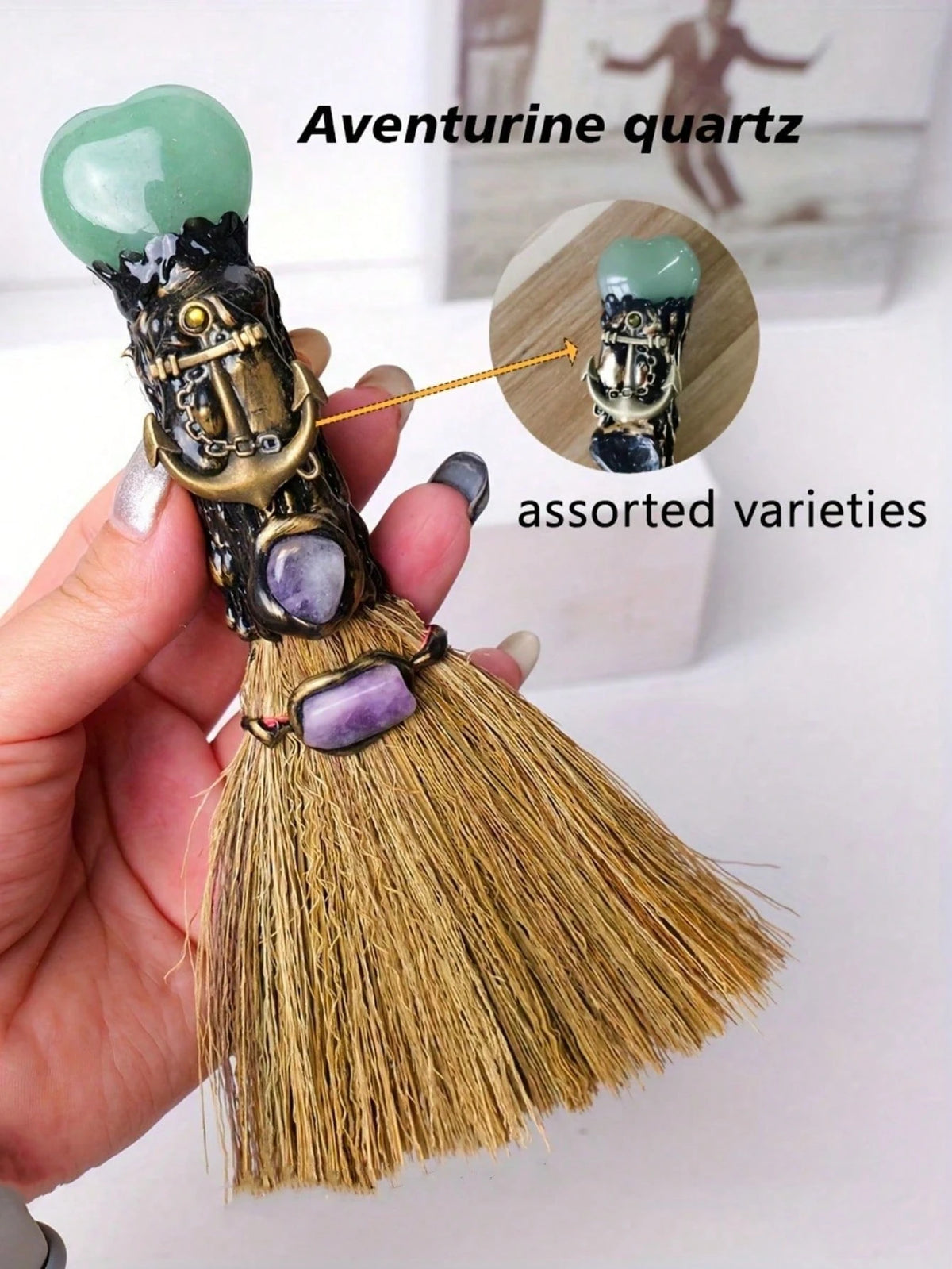 Natural Crystal Heart Mini Broom Altar Decor