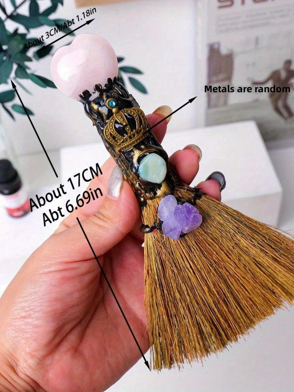 Natural Crystal Heart Mini Broom Altar Decor