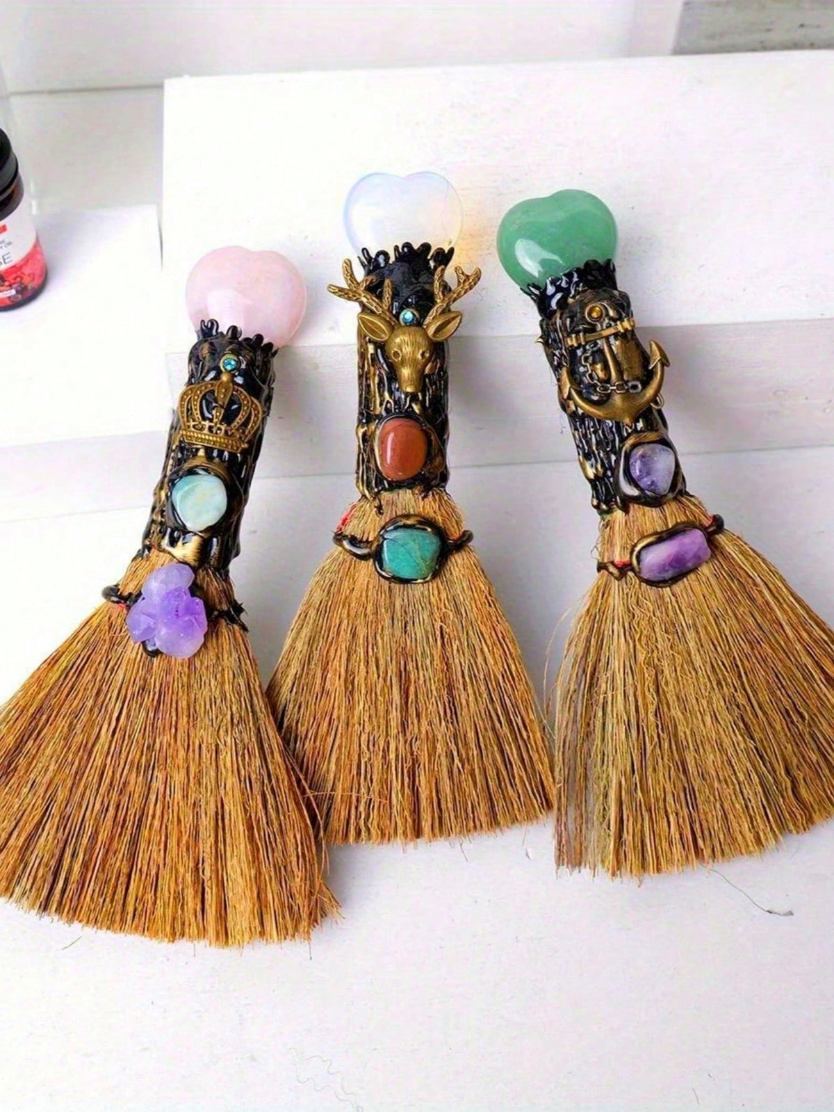 Natural Crystal Heart Mini Broom Altar Decor