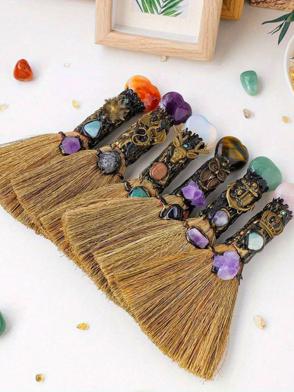 Natural Crystal Heart Mini Broom Altar Decor
