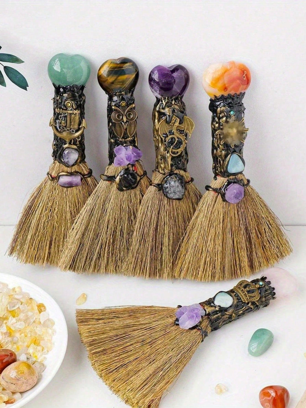 Natural Crystal Heart Mini Broom Altar Decor