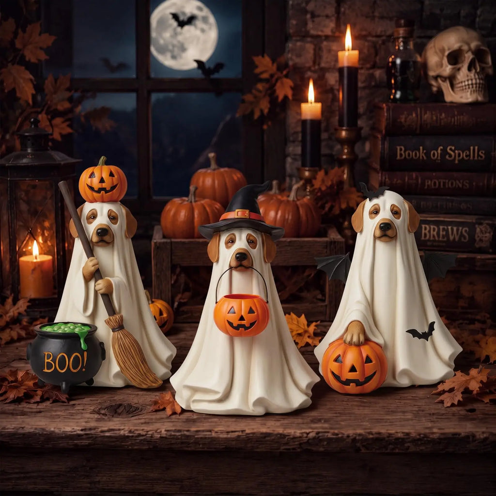 Halloween Ghost Dog Wooden Tabletop Ornaments 3-Piece Set