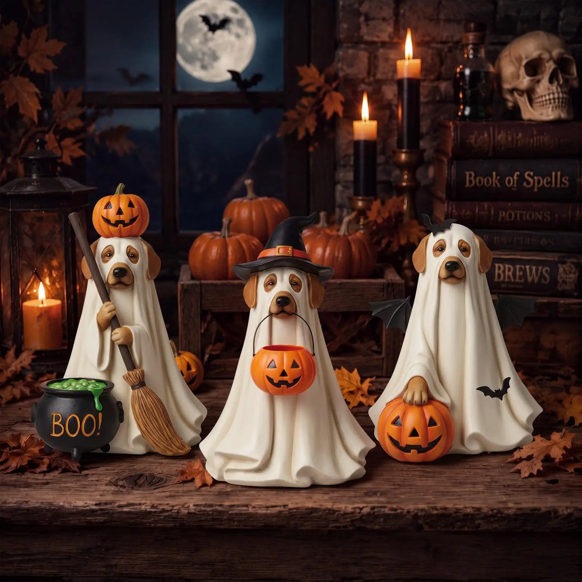 Halloween Ghost Dog Wooden Tabletop Ornaments 3-Piece Set
