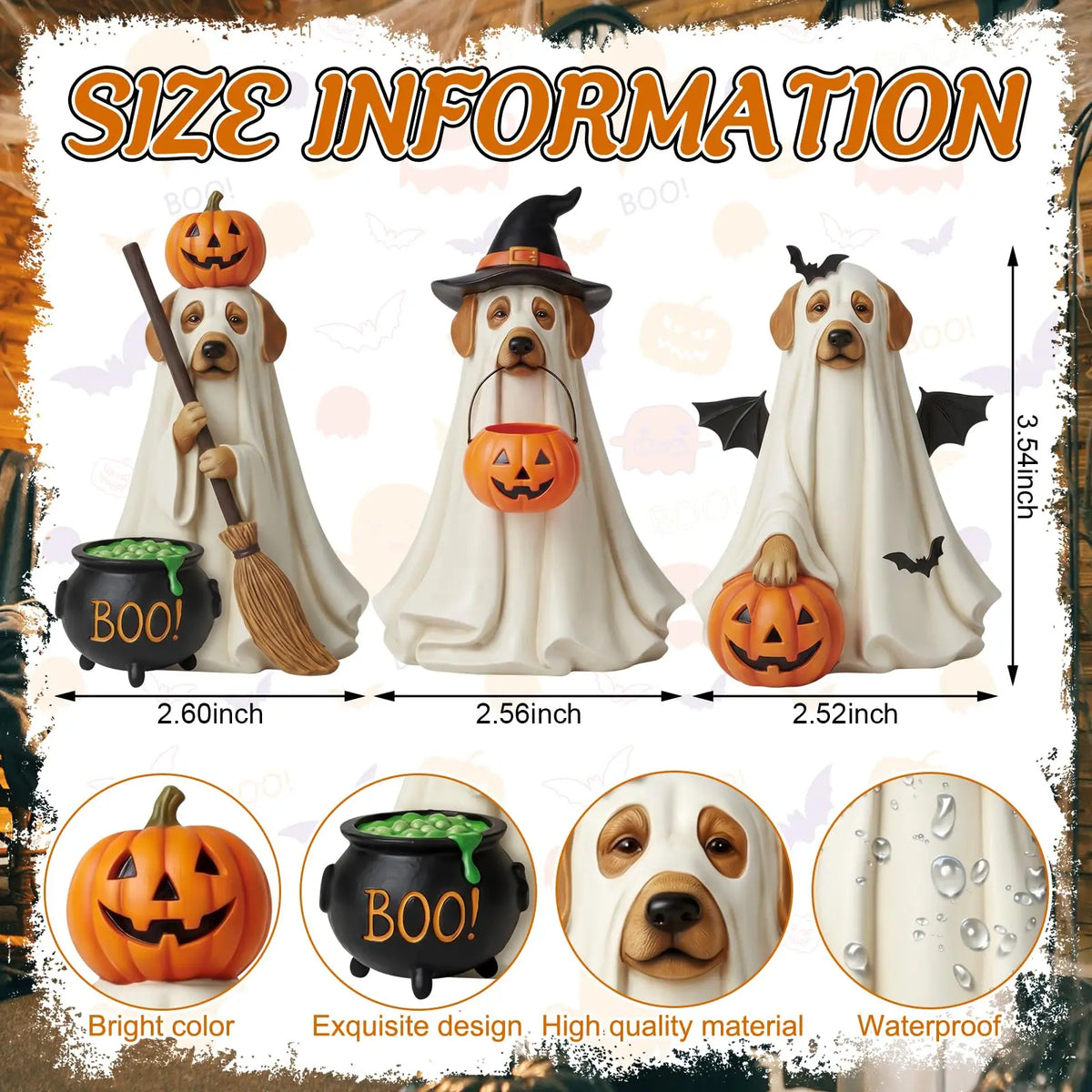 Halloween Ghost Dog Wooden Tabletop Ornaments 3-Piece Set