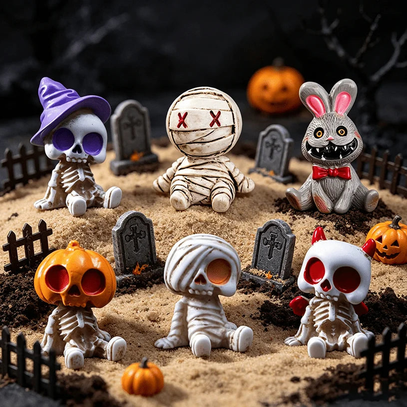6pcs Halloween Resin Skeleton Mummy Figurines – Mini Statues for DIY Micro Landscape, Bonsai, Car & Desk Decor
