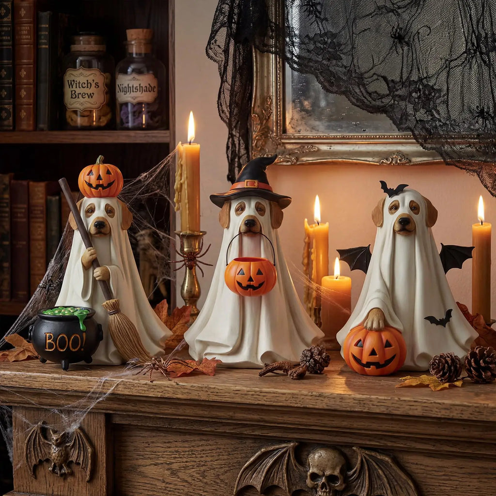 Halloween Ghost Dog Wooden Tabletop Ornaments 3-Piece Set