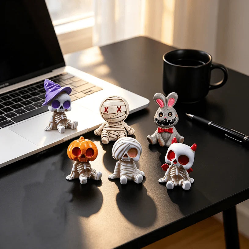 6pcs Halloween Resin Skeleton Mummy Figurines – Mini Statues for DIY Micro Landscape, Bonsai, Car & Desk Decor