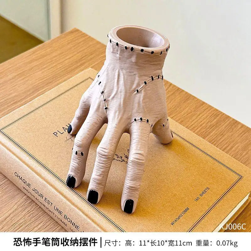 Creepy Broken Hand Palm Ornament for Halloween, Spooky Garden Decoration and Fleshy Potted Planter with Scary Palm Pen Holder & Storage Tray