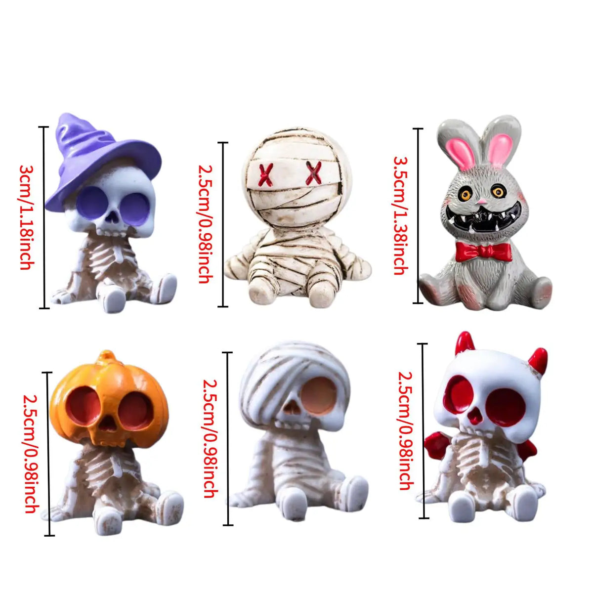 6pcs Halloween Resin Skeleton Mummy Figurines – Mini Statues for DIY Micro Landscape, Bonsai, Car & Desk Decor