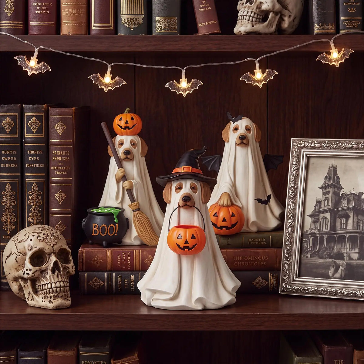 Halloween Ghost Dog Wooden Tabletop Ornaments 3-Piece Set