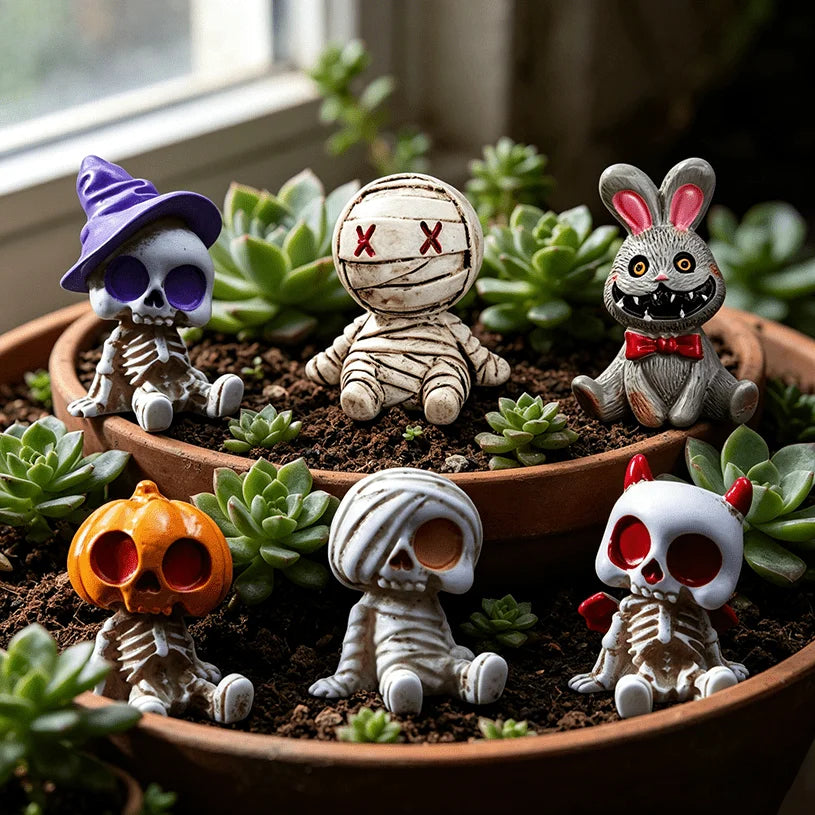 6pcs Halloween Resin Skeleton Mummy Figurines – Mini Statues for DIY Micro Landscape, Bonsai, Car & Desk Decor
