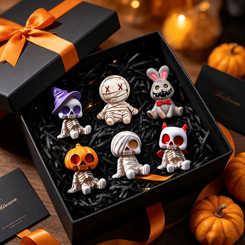 6pcs Halloween Resin Skeleton Mummy Figurines – Mini Statues for DIY Micro Landscape, Bonsai, Car & Desk Decor