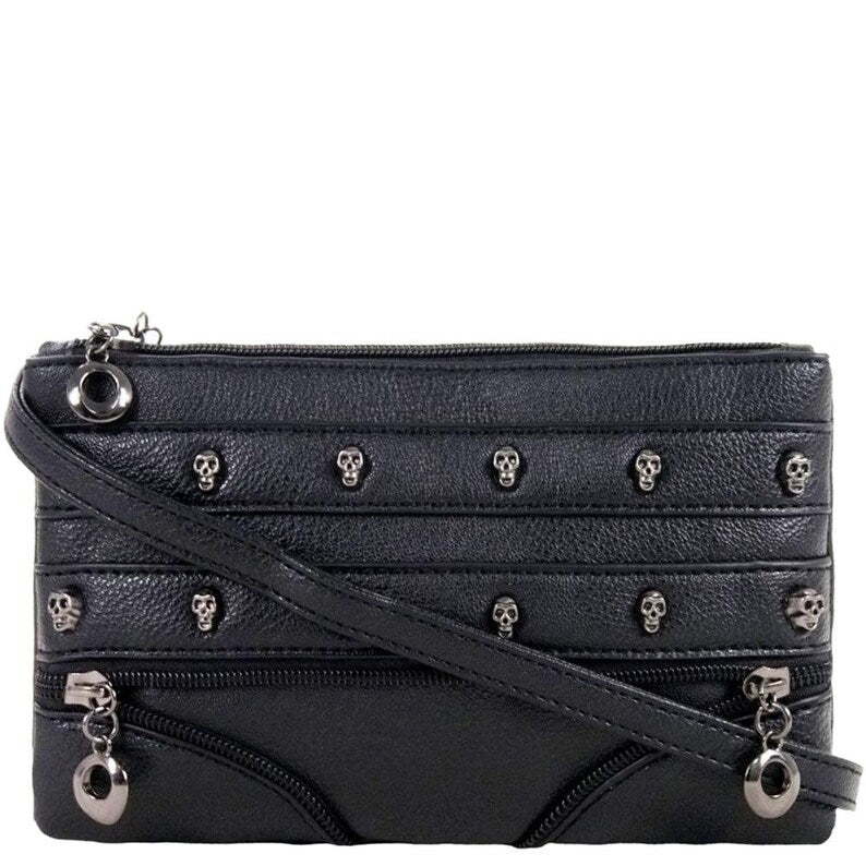 GOTHX Vegan Black Mini Skull Head Zip Gothic Detail Clutch - goth style - makeup bag - dark grunge