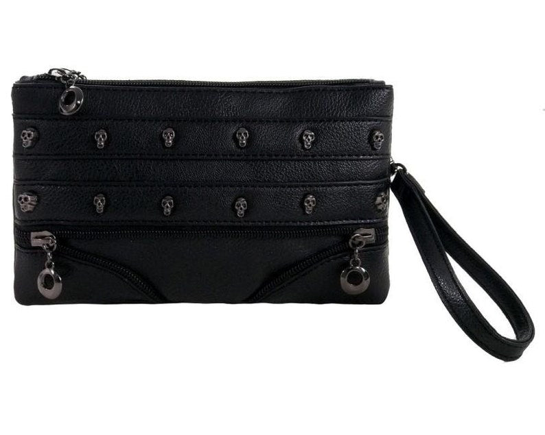 GOTHX Vegan Black Mini Skull Head Zip Gothic Detail Clutch - goth style - makeup bag - dark grunge