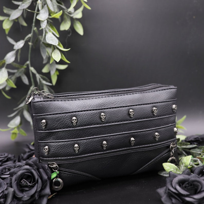 GOTHX Vegan Black Mini Skull Head Zip Gothic Detail Clutch - goth style - makeup bag - dark grunge