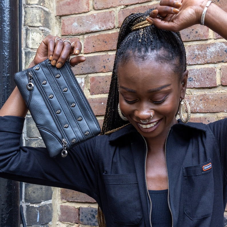 GOTHX Vegan Black Mini Skull Head Zip Gothic Detail Clutch - goth style - makeup bag - dark grunge