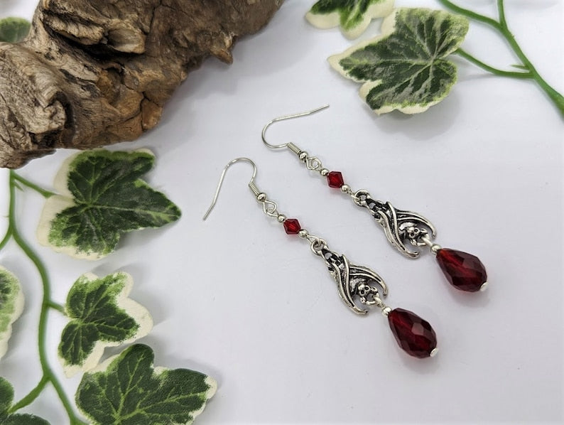Gothic Vampire Bat Earrings with Red Teardrop Crystals – Choose from 2 Enchanting Designs