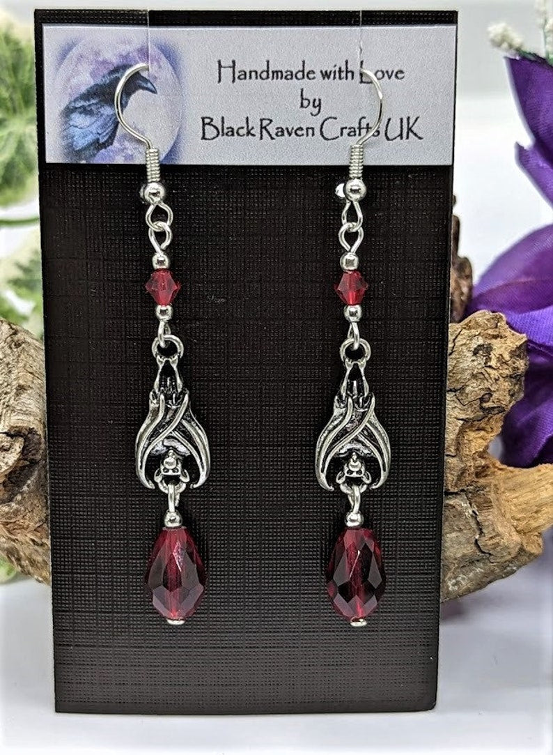 Gothic Vampire Bat Earrings with Red Teardrop Crystals – Choose from 2 Enchanting Designs