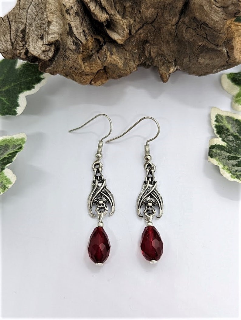 Gothic Vampire Bat Earrings with Red Teardrop Crystals – Choose from 2 Enchanting Designs