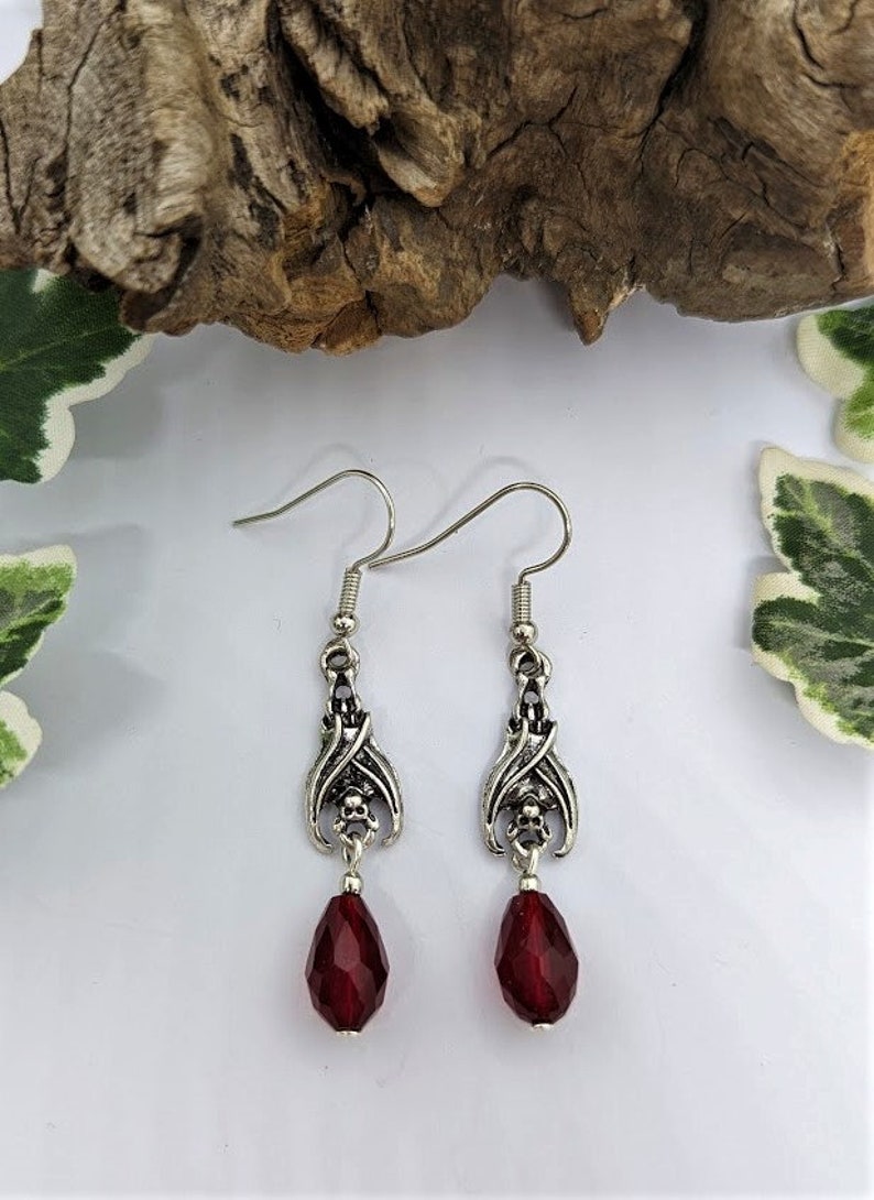 Gothic Vampire Bat Earrings with Red Teardrop Crystals – Choose from 2 Enchanting Designs