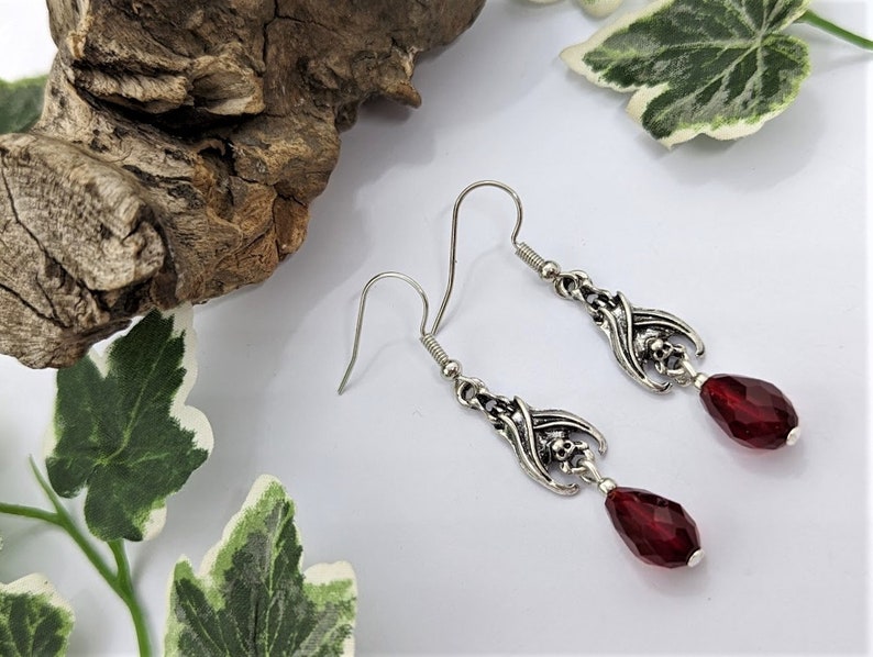 Gothic Vampire Bat Earrings with Red Teardrop Crystals – Choose from 2 Enchanting Designs