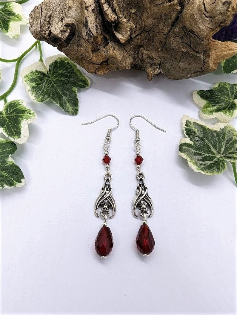 Gothic Vampire Bat Earrings with Red Teardrop Crystals – Choose from 2 Enchanting Designs