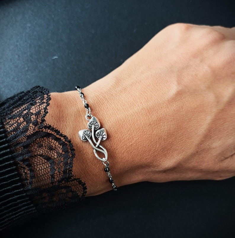 Black Beaded Mushroom Bracelet – Whimsigoth Gothic Jewelry