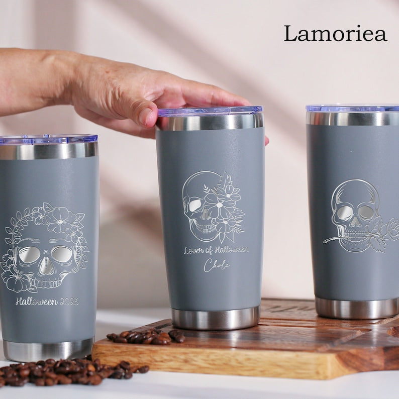 Personalized Halloween Floral Skull 20oz Tumbler, Laser Engraved Tumbler, Halloween Stainless Steel Mug, Insulated Tumbler