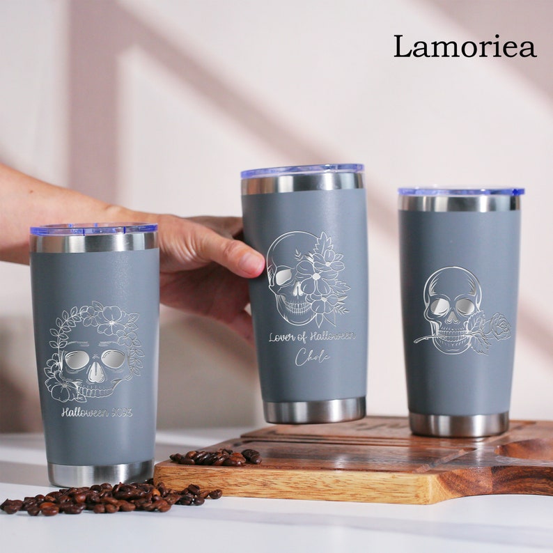 Personalized Halloween Floral Skull 20oz Tumbler, Laser Engraved Tumbler, Halloween Stainless Steel Mug, Insulated Tumbler