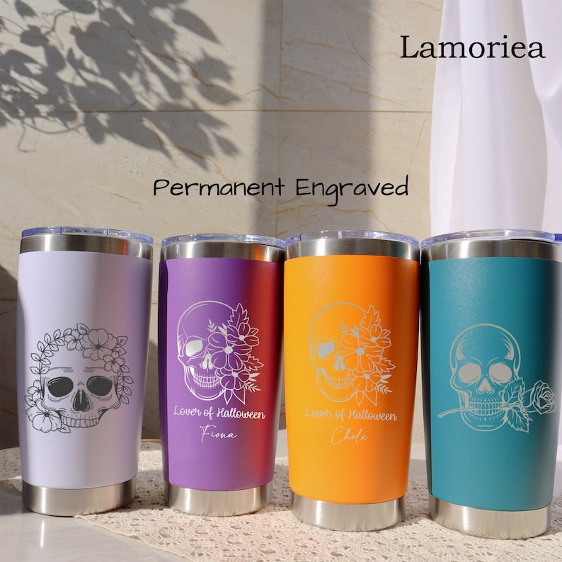 Personalized Halloween Floral Skull 20oz Tumbler, Laser Engraved Tumbler, Halloween Stainless Steel Mug, Insulated Tumbler
