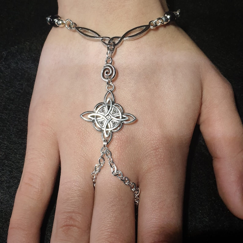 Celtic Witch Knot Gemstone Hand-harness, Slave chain. Pagan Wicca Jewellery Gift.