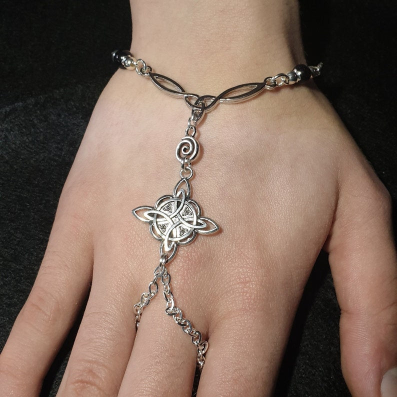 Celtic Witch Knot Gemstone Hand-harness, Slave chain. Pagan Wicca Jewellery Gift.