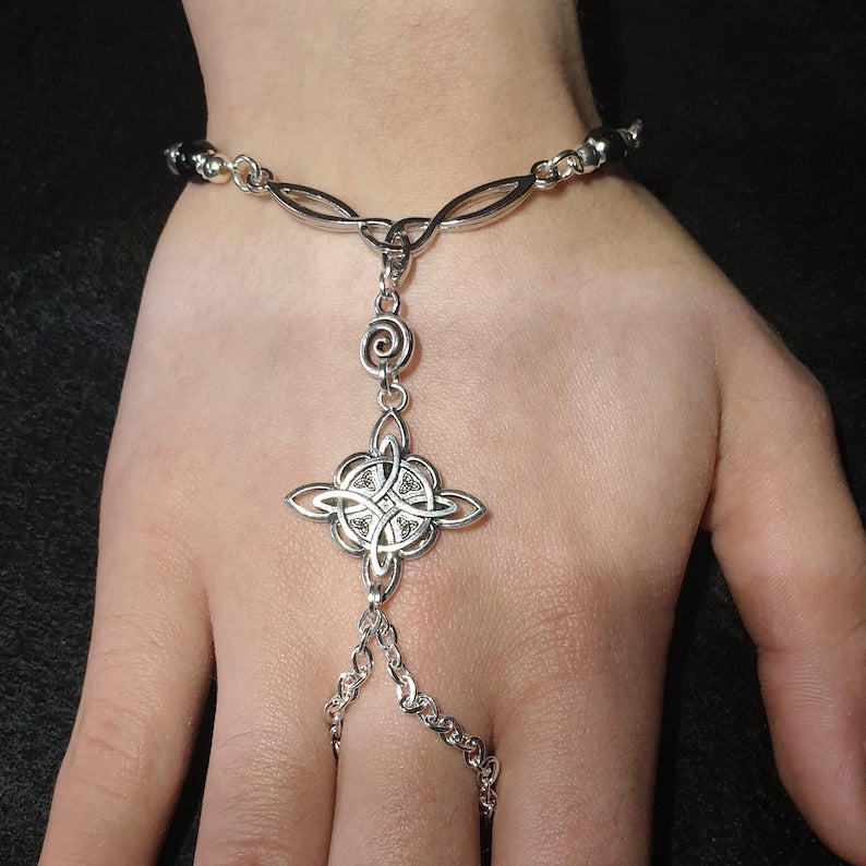 Celtic Witch Knot Gemstone Hand-harness, Slave chain. Pagan Wicca Jewellery Gift.