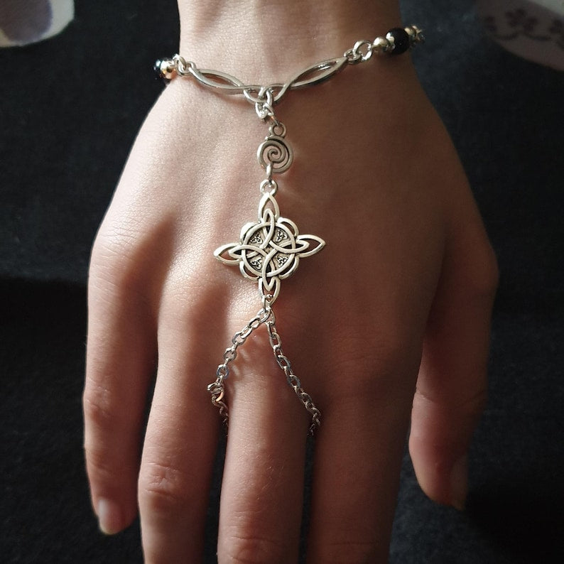 Celtic Witch Knot Gemstone Hand-harness, Slave chain. Pagan Wicca Jewellery Gift.