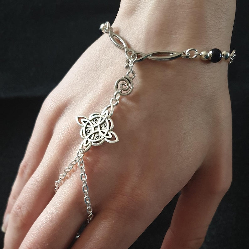 Celtic Witch Knot Gemstone Hand-harness, Slave chain. Pagan Wicca Jewellery Gift.