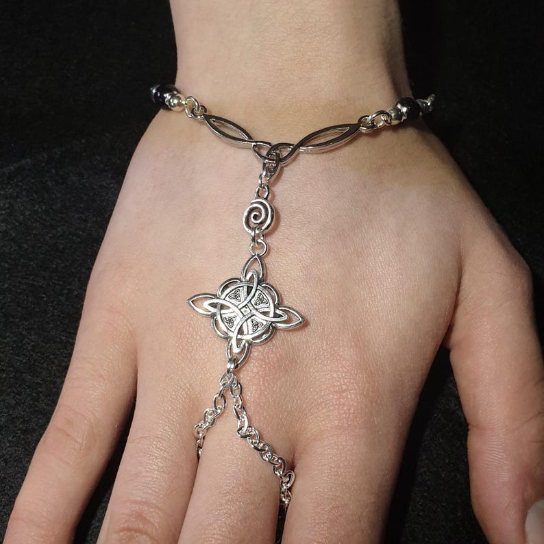 Celtic Witch Knot Gemstone Hand-harness, Slave chain. Pagan Wicca Jewellery Gift.