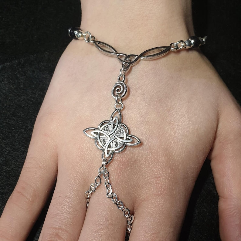 Celtic Witch Knot Gemstone Hand-harness, Slave chain. Pagan Wicca Jewellery Gift.