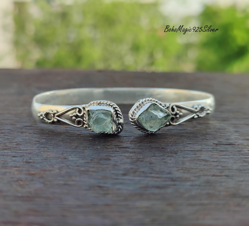 Handcrafted Raw Aquamarine 925 Sterling Silver Gemstone Bangle Bracelet