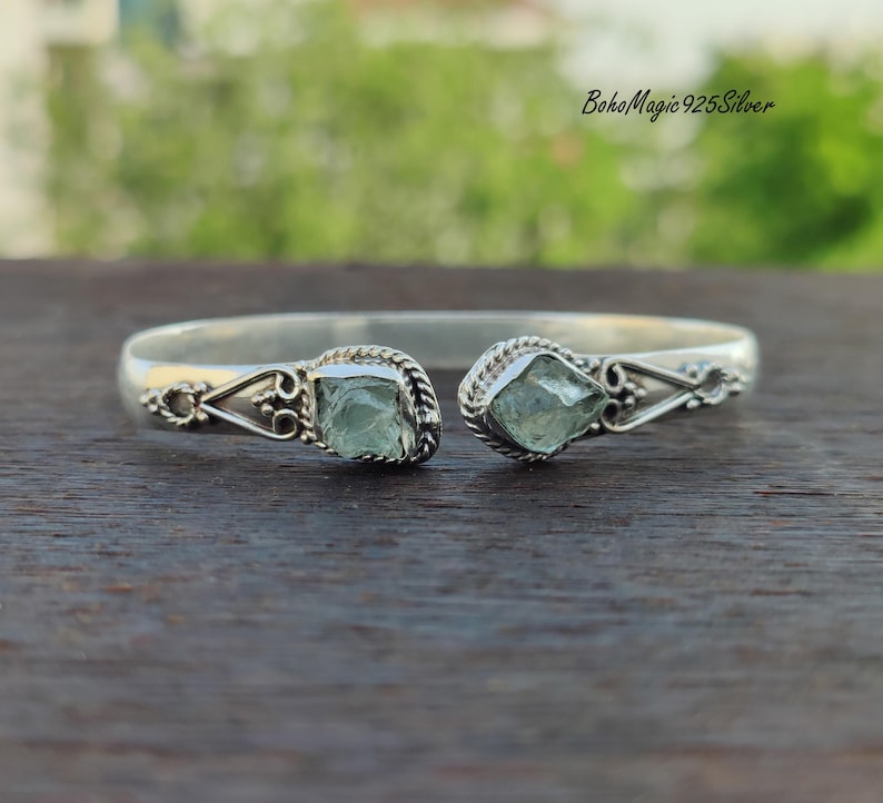 Handcrafted Raw Aquamarine 925 Sterling Silver Gemstone Bangle Bracelet