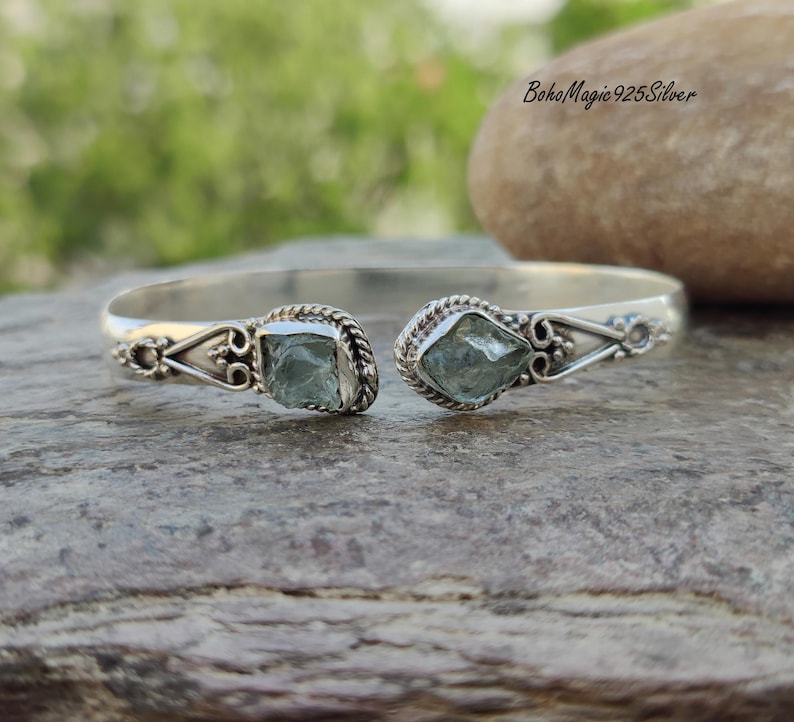 Handcrafted Raw Aquamarine 925 Sterling Silver Gemstone Bangle Bracelet