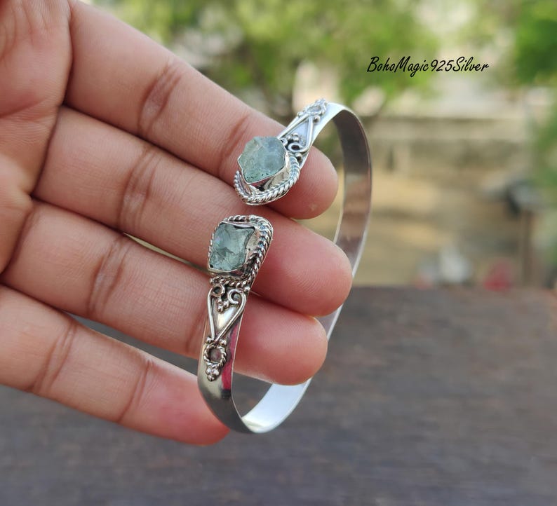 Handcrafted Raw Aquamarine 925 Sterling Silver Gemstone Bangle Bracelet