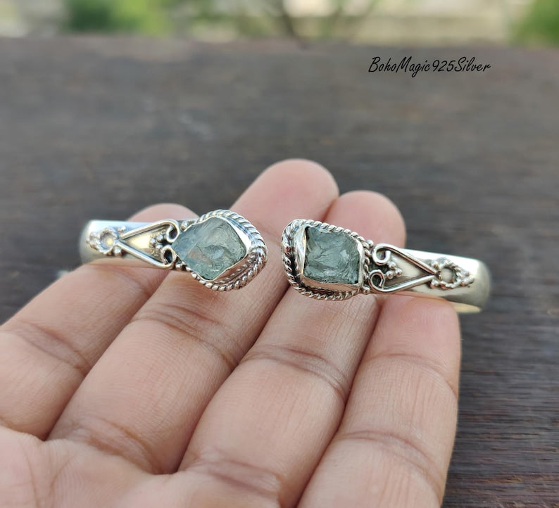 Handcrafted Raw Aquamarine 925 Sterling Silver Gemstone Bangle Bracelet