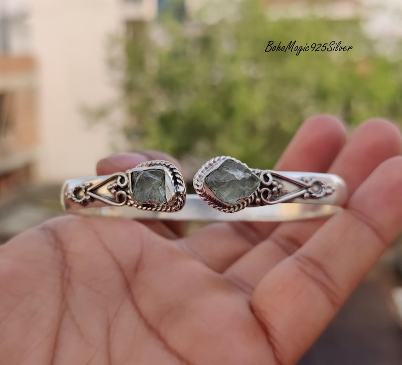 Handcrafted Raw Aquamarine 925 Sterling Silver Gemstone Bangle Bracelet