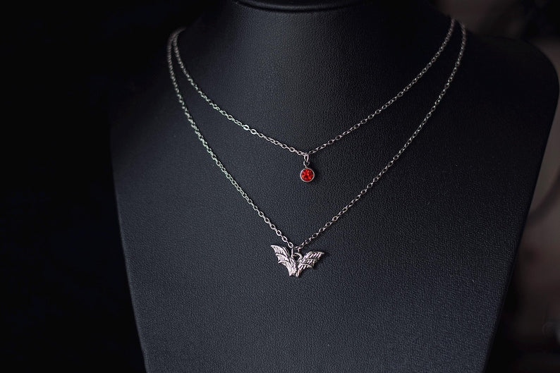 Layered Bat & Rhinestone Necklace – Gothic Stainless Steel Statement Jewelry