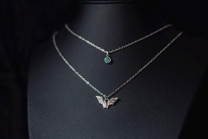 Layered Bat & Rhinestone Necklace – Gothic Stainless Steel Statement Jewelry