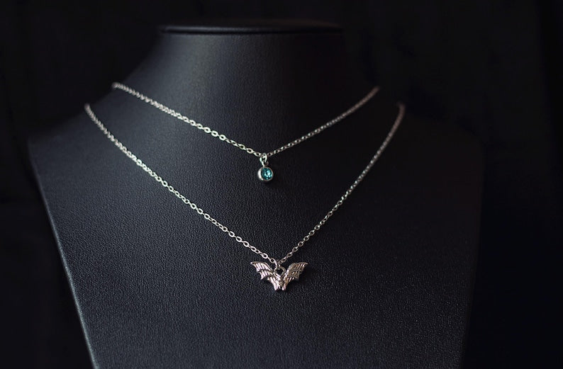 Layered Bat & Rhinestone Necklace – Gothic Stainless Steel Statement Jewelry