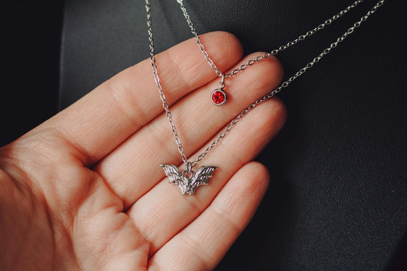 Layered Bat & Rhinestone Necklace – Gothic Stainless Steel Statement Jewelry